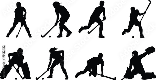 Field hockey silhouettes, player action poses, dribbling figure, hitting motion, running athlete, crouching stance, goalkeeper icon, sports illustration, dynamic game design