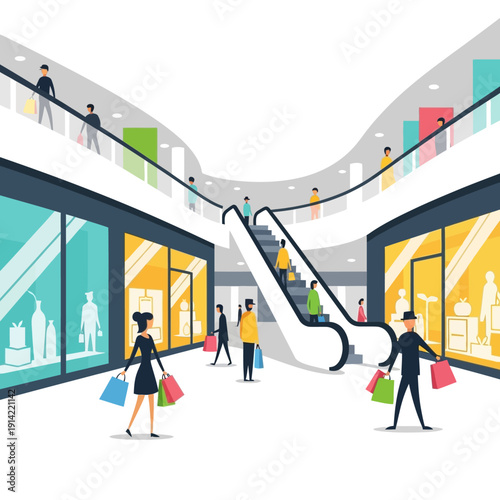 Modern Shopping Mall Interior with Escalator, Shoppers, and Storefronts - Flat Design