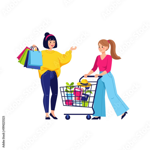 Two women shopping, one with bags and one with a cart full of groceries and items