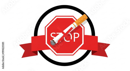 No smoking symbol with red banner and stop sign background