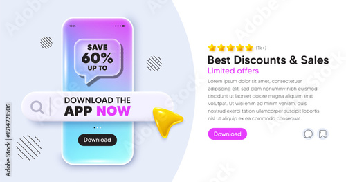 Discount mobile phone banner. App chat speech bubble. Save up to 60 percent. Discount Sale offer price sign. Special offer symbol. Phone template with search bar. Download the app now. Vector