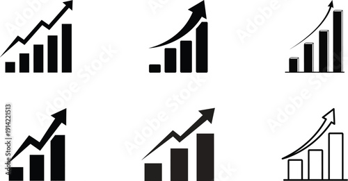Business Growth Chart Icons Pack, Profit Increase Arrows, Progress Bar and Bar Diagram Symbols