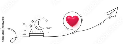 Mattress line icon. Continuous line with share plane. Night sleep bed rest sign. Moon symbol. 3d heart in speech bubble. Mattress single line ribbon. Loop curve pattern. Vector