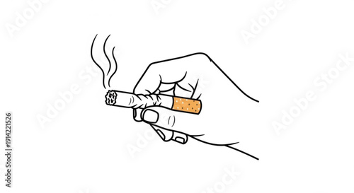 Hand holding a lit cigarette with smoke rising against a white background simple line art illustration minimalist style