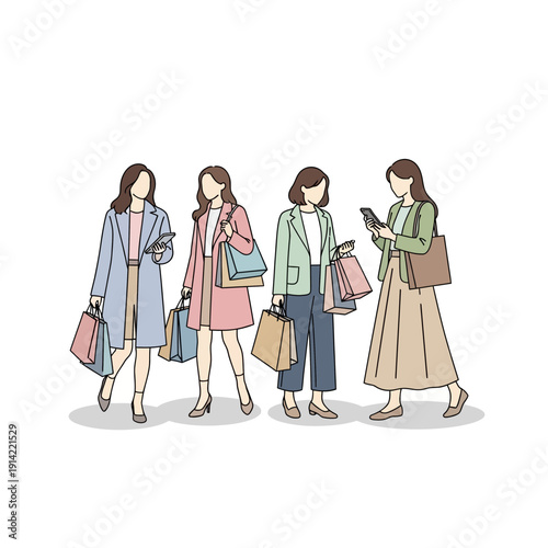 Four stylish women with shopping bags walking and using phone, minimalist illustration