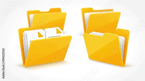 Vibrant yellow file folders, both open with documents and closed, symbolizing digital data organization, storage, and efficient office management.