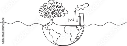Single line drawing of Earth balancing tree and factory symbolizes environment concept for World Environment Day, highlighting sustainability, climate action. one line Icon drawing