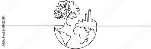 Single line drawing of Earth balancing tree and factory symbolizes environment concept for World Environment Day, highlighting sustainability, climate action. one line Icon drawing