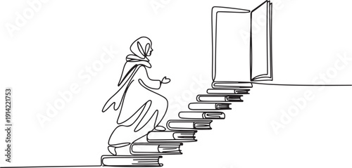 Single continuous line drawing Arab woman climb stairs from the book stack. Towards the wide open door. Metaphor of finding the answers from books. Book festival. one line Icon drawing