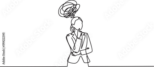 Single continuous line drawing businesswoman with round scribbles instead of head. Female manager standing in thoughtful pose holding her chin thinking and finding answer. one line Icon drawing