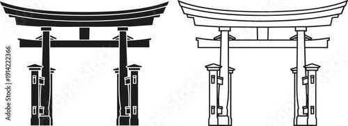 Japanese torii gate icon set in solid and outline style isolated on white background traditional architecture vector