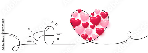 Medical drugs line icon. Continuous line big heart. Medicine pills sign. Pharmacy medication symbol. 3d hearts in heart shaped loop. Medical drugs single line ribbon. Loop curve pattern. Vector