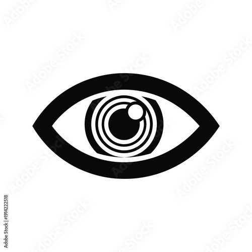 Minimalist human eye icon with concentric circles in the iris representing vision, surveillance, and digital observation for security systems and UI design, clean black and white vector.