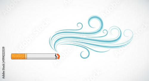 Cigarette with swirling blue smoke on white background symbolizing smoking and health risks