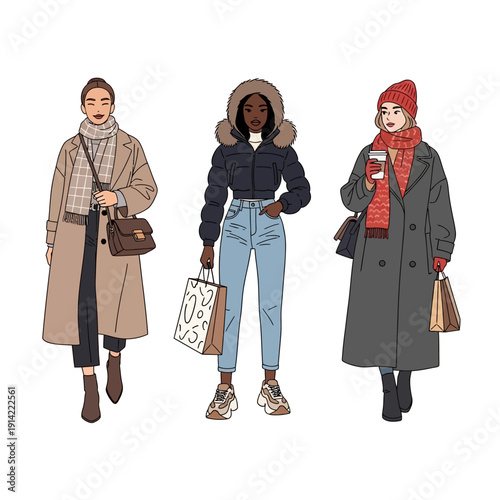 Fashionable Women in Winter Coats and Scarves Shopping, Diverse Styles