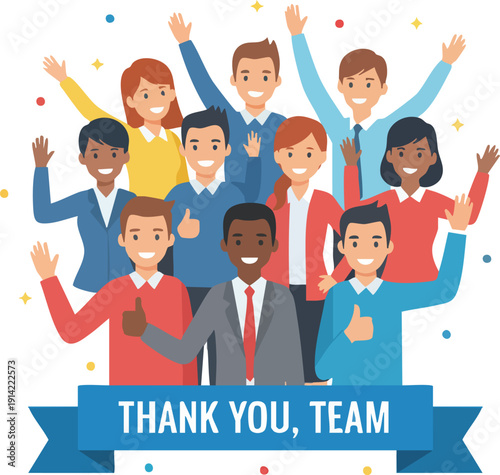 Diverse group of happy business people waving hands and giving thumbs up with confetti celebration banner saying thank you team