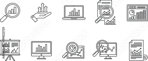 Business analytics and data analysis line icons set featuring charts, graphs, financial reports, dashboard monitoring, performance growth statistics and market research visualization concepts.