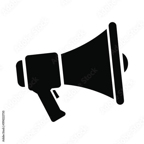 Black megaphone bullhorn icon isolated on white background representing digital marketing, public announcements, social media promotion, and loud communication in a clean minimalist vector style.