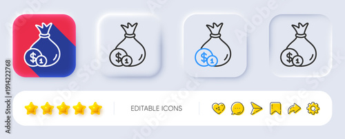 Money bag with Coins line icon. Neumorphic, Flat shadow, 3d buttons. Cash Banking currency sign. Dollar or USD symbol. Line cash icon. Social media icons. Vector