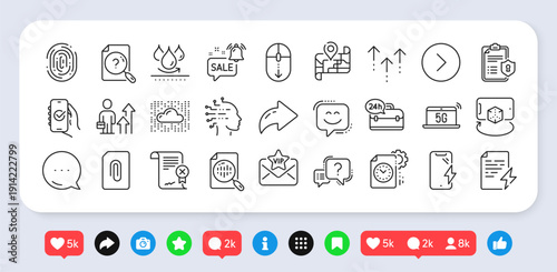 Vip mail, Smile face and Artificial intelligence line icons pack. Social media: share, comment, like icons. 24h service, Cloud system, Search document web icon. Vector