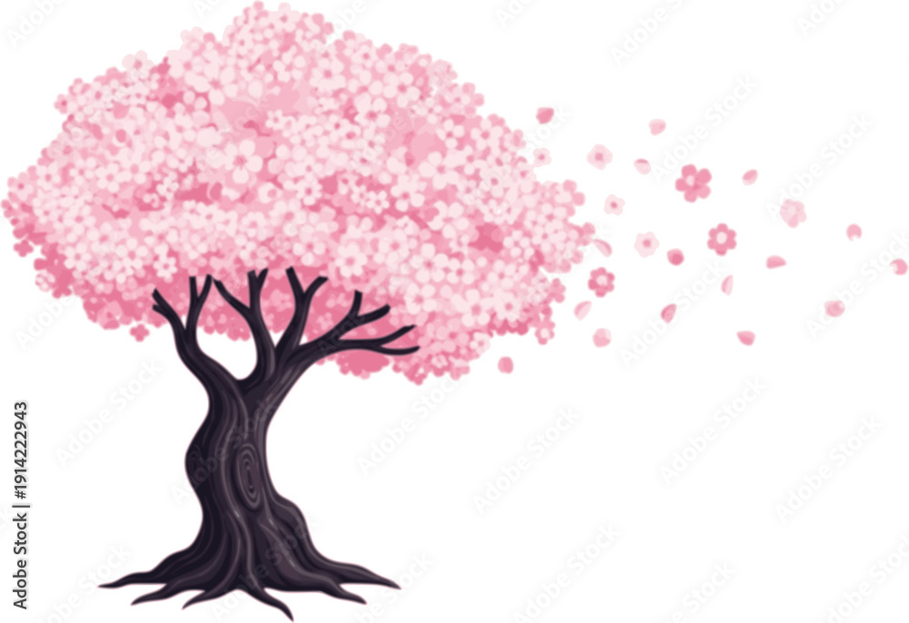 Obraz premium Cherry Blossom Tree in Bloom with Falling Petals on a White Background, Concept of Sakura Season, Japanese Nature Aesthetic, Spring Renewal, and Elegant Floral Art Vector Illustration 