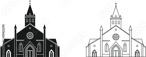 Church building icon in solid and outline style featuring classic cathedral architecture, religious temple facade, Christian symbol and spiritual worship vector illustration.