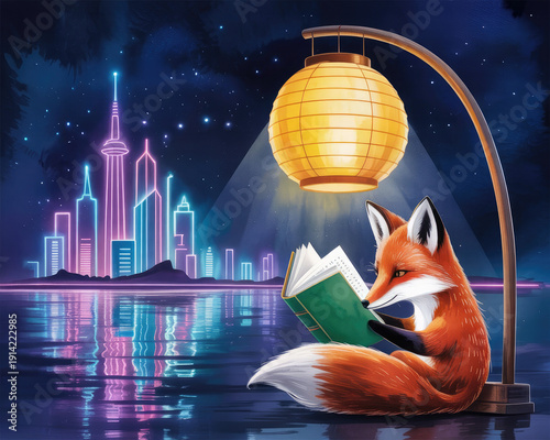 A curious fox reads a book under a lamp by the water with a city skyline in the background at night