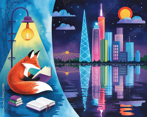 A curious fox reads a book under a streetlight in a vibrant city at night