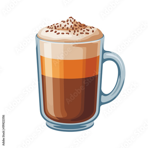 Cartoon style illustration of coffee drink in a transparent mug with chocolate sprinkles on top