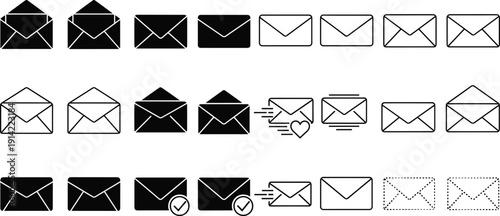 Envelope and email icon set in outline and solid style featuring open mail, sent message, inbox, notification and delivery symbols vector collection.