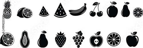 Fruit icon set in solid black style featuring pineapple, lemon, watermelon, banana, cherry, apple, pear, strawberry and citrus vector collection.