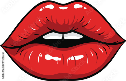 Glossy red lips illustration in pop art style, sensual female mouth vector icon with shiny lipstick isolated on light background for beauty and fashion design