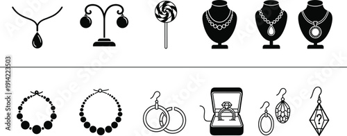 Jewelry icon set in solid and outline style featuring necklace, earrings, rings, pendant, bracelet and gemstone accessories collection vector illustration.