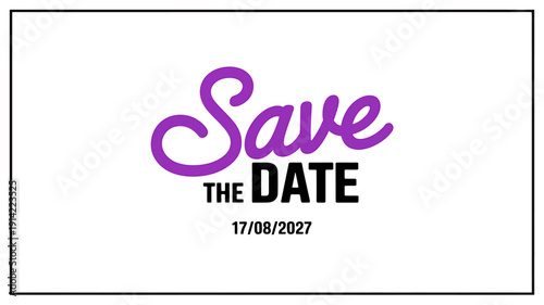Save the date card with purple and black text on white background