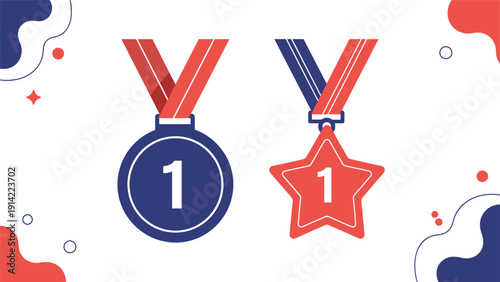 First place award medals set featuring a blue circular medal and a red star-shaped medal with ribbons for victory and success.