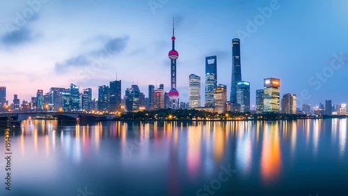 Time lapse showing transition from sunset to night over shanghai pudong skyline with colorful light reflection
