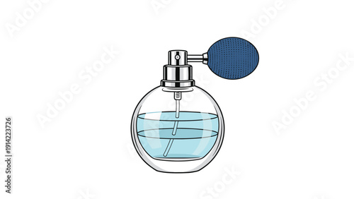 Classic glass perfume bottle with blue fragrance liquid and a vintage style atomizer pump isolated on a clean white background.