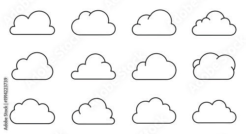 Collection of twelve simple outline cloud on a white background