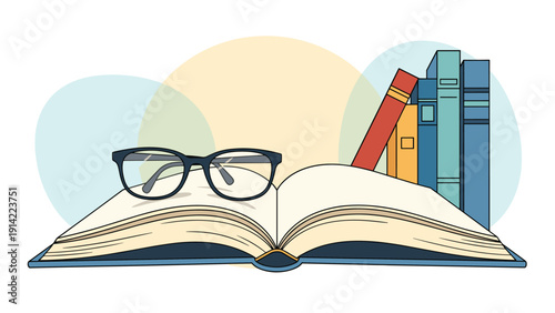Open educational book with black rimmed reading glasses on top and a stack of colorful textbooks in the background for studying.