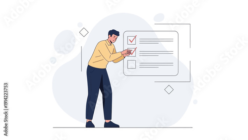 Man completing a checklist on a digital screen, task management, planning, and organization concept.