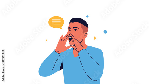 Young man shouting loudly with hands cupped around his mouth and a speech bubble indicating public announcement or urgent message.