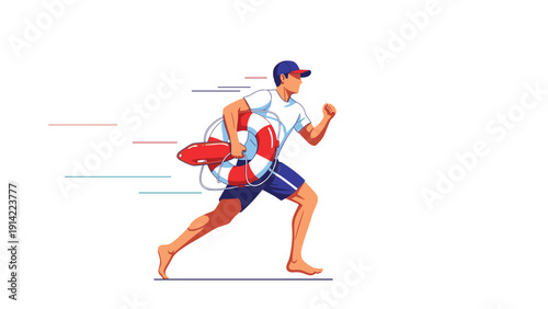 Dedicated male lifeguard running fast on the beach while carrying a lifebuoy ring and rescue equipment for emergency ocean safety.
