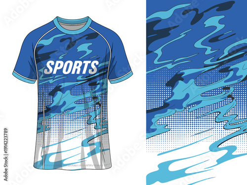 Blue sports tshirt with abstract camouflage design and fabric pattern
