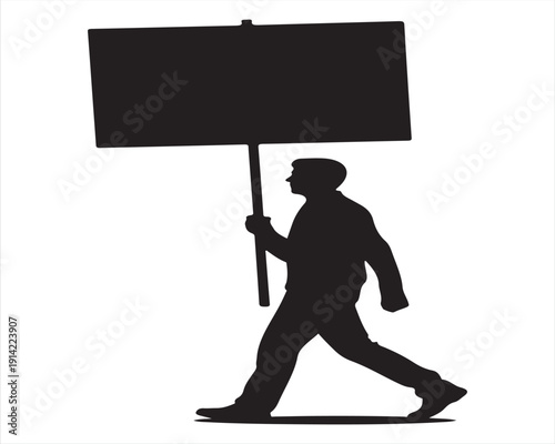 Man Walking While Holding Blank Protest Sign Silhouette Vector Illustration Minimal Black and White Design