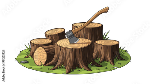 Collection of cut tree stumps on a green grassy patch with a sharp woodcutting axe stuck in the top of the central wood block.