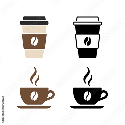 Set of coffee cups and mugs with coffee beans on white background