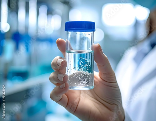 Scientist holding a clear vial with a blue cap containing a clear liquid with small particles, likely in a laboratory setting for research or testing