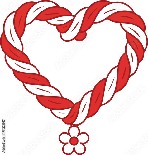 Stylized heart shape made of red and white braided cord with small flower ornament