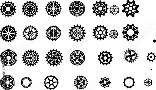 Set of mechanical gear and cogwheel icons in black silhouette style, industrial machine engineering vector collection isolated on light background for technology design