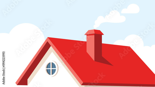 Top of a suburban house with a bright red gabled roof and a chimney releasing white smoke into a cloudy blue sky.